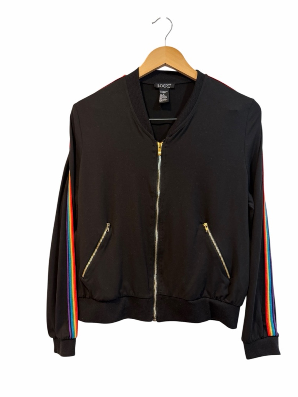 Rainbow Stripe Black Lightweight Zip Up Jacket 80’s Style Size Medium